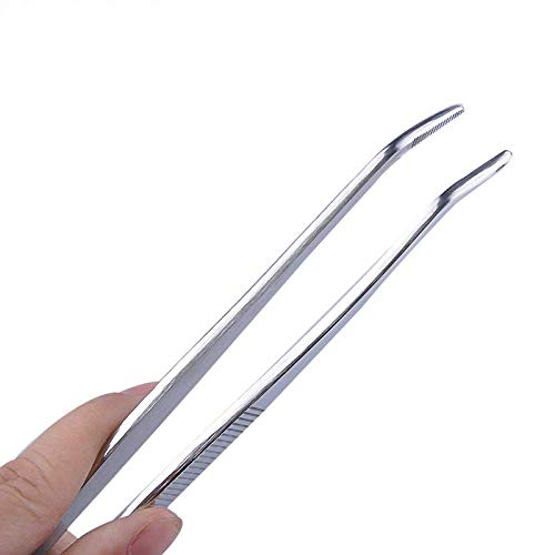 250mm Long Forceps Tweezers, Serrated Bent Flat Tips Precision Curved Science Surgical Tongs Jewelers Needle Metal Sewing Sharp Small Kitchen Cooking Tweezers Teeth Knurled Handles (1PCS)