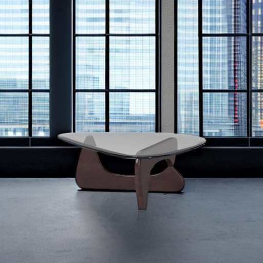 Triangle Glass Coffee Table Modern Noguchi Coffee Table, with Vintage Clear Glass, and Solid Wood Base, End Table for Living Room, Office, Balcony, Patio (Dark Walnut)