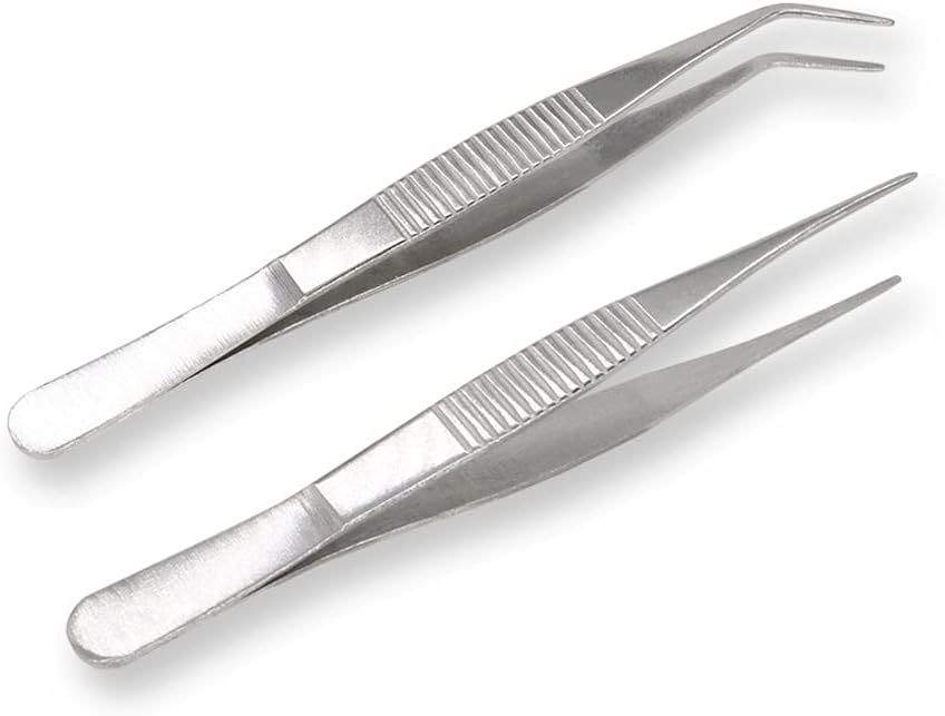 5 Inch Stainless Steel Tweezers with Straight and Curved Serrated Tip Multipurpose Forceps for Craft Repairing 2 Pack