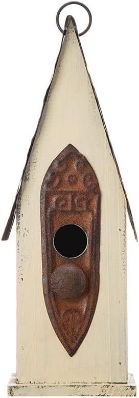 Glitzhome 13.25" H Washed White Distressed Solid Wood Birdhouse Hand Painted Hanging Bird House for Outdoors