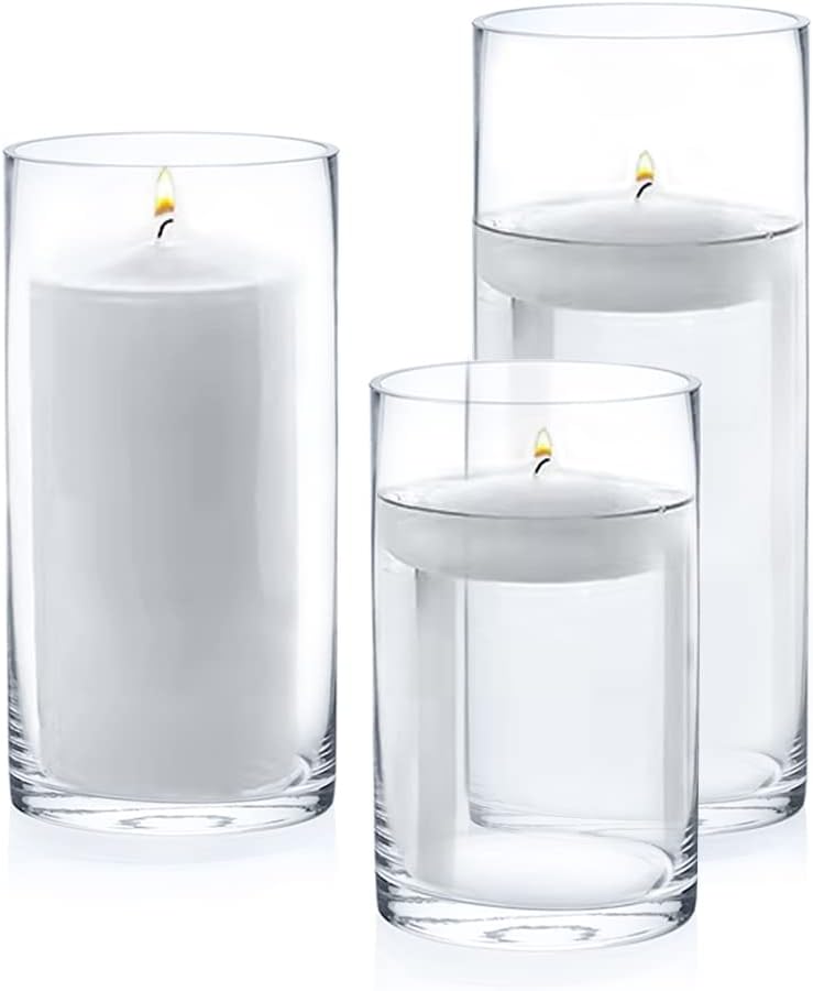 Enova Floral Clear Glass Flower Vase, 6W x 10H Inches Round Flower Vase, Pillar Candle Floating Candle Holders, Tall Cylinder Glass Vase for Flowers, Glass Vase for Home Decor, Wedding (Pack 4)