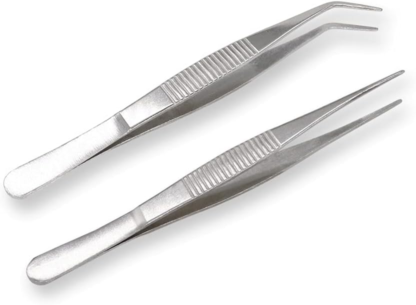 5-1/2 Inch Stainless Steel Tweezers with Straight and Curved Serrated Tip Multipurpose Forceps for Craft Repairing 2 Pack