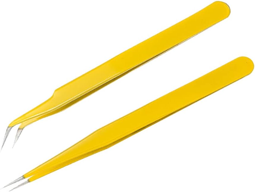 MAXLEAF 2pcs Stainless Tweezers Straight Curved Tweezers for Stickers Eyelash Extensions Precision Electronics Nail Rhinestone Jewelry, Scrapbooking Tools (Yellow)