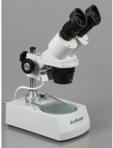 AmScope SE306R-P20 Forward-Mounted Binocular Stereo Microscope, WF20x Eyepieces, 40X and 80X Magnification, 2X and 4X Objectives, Upper and Lower Halogen Lighting, Reversible Black/White Stage Plate, Pillar Stand, 120V