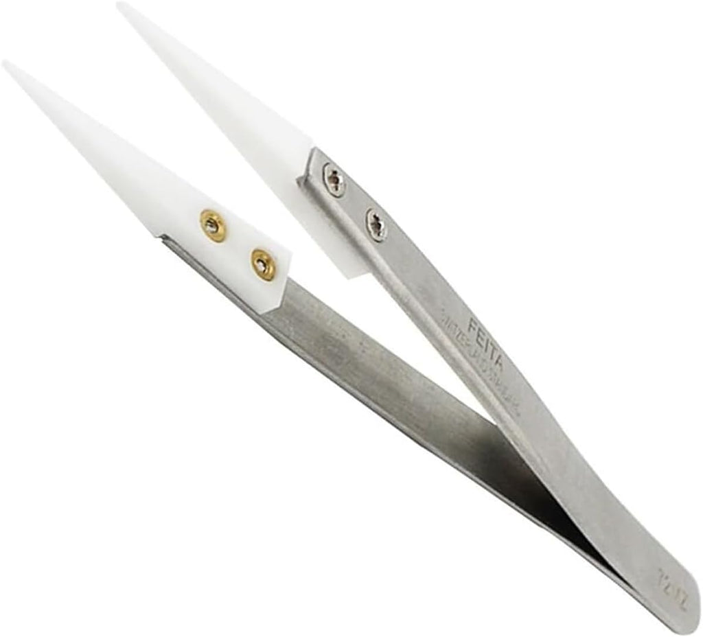 FEITA Precision Pointed Ceramic Tweezers - Temperature Resistant and Anti-Magnetic White Fine Pointy Ceramic Tips Twizzers - For Electronic Repair, DIY Crafting Hobby Tools - 1 Pc