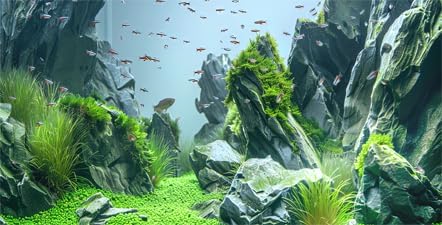 Marine Aquarium Background, Sea Rock Green Landscape Fish Tank Background, Nature Photo Terrarium Background 30X18IN with 8 EVA Double-Sided Tape