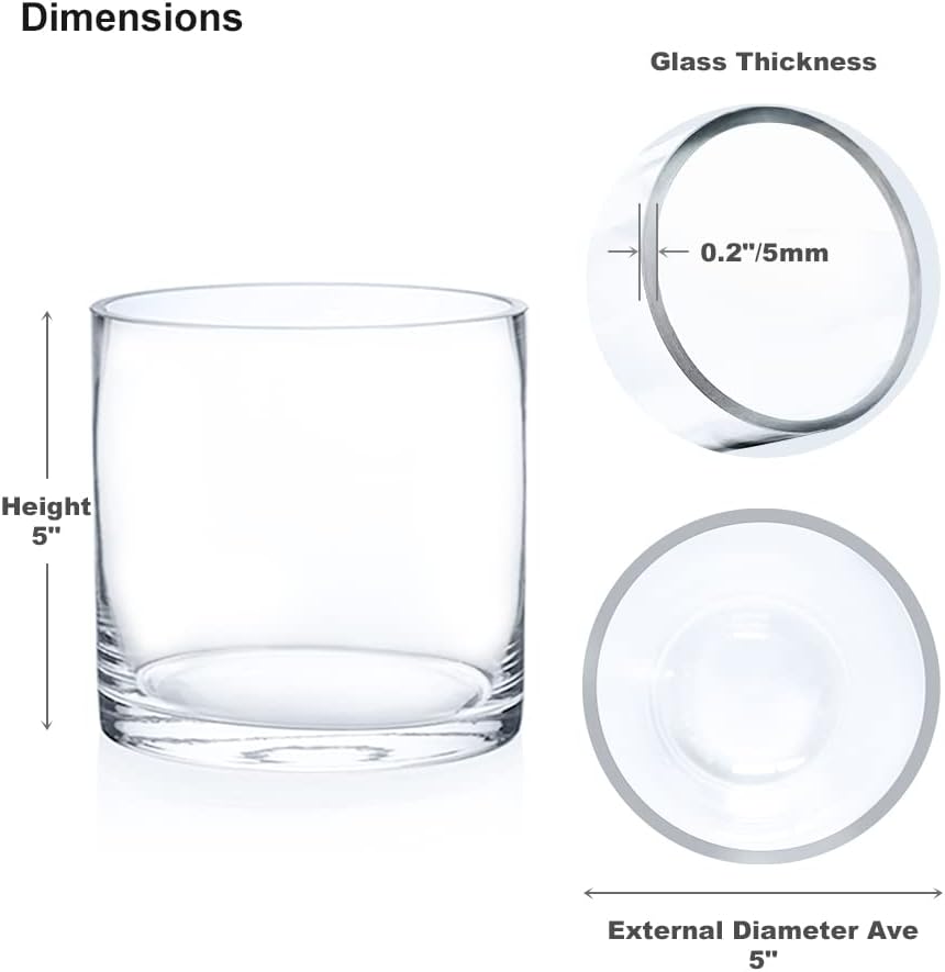 Enova Floral Set of 4 Clear Cylinder Glass Vase, 5W x 5H Inches Round Flowers Vase, Pillar Candle Floating Candle Holders, Floral Glass Vase for Home Office Decor, Wedding Centerpiece