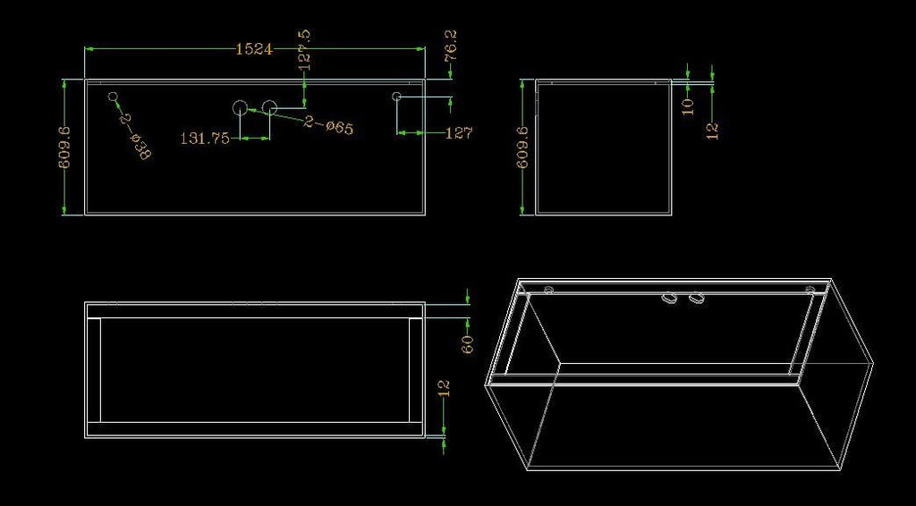 150-3GO Gallon Starfire Aquarium w/Center Overflow 60x24x24 H 12mm Ghost Overflow
