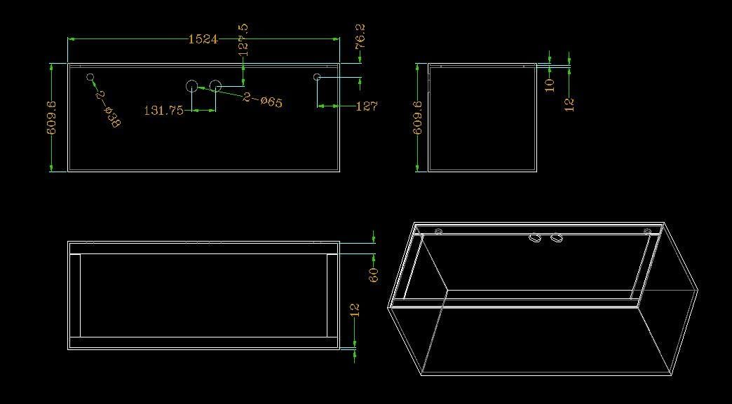 150-3GO Gallon Starfire Aquarium w/Center Overflow 60x24x24 H 12mm Ghost Overflow