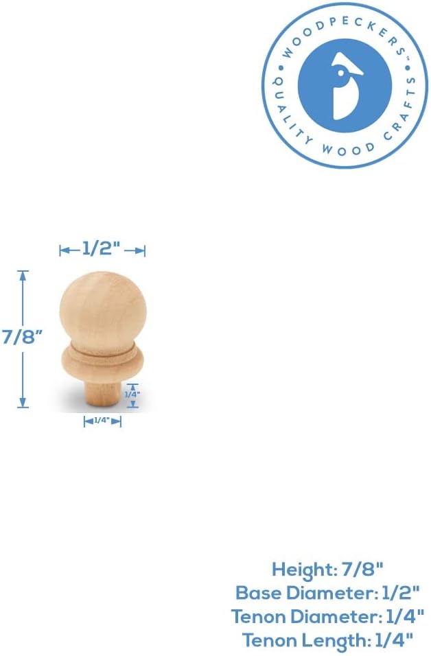 Small Wood Finials with Tenon, 7/8 inch, Pack of 50 Wooden Finials for Crafting, DIY Décor, and Wooden Finial Crafts, by Woodpeckers