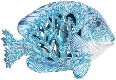 Coral Reef Fish Figurine Coastal Home Decor Ocean Themed Accent for Shelf, Countertop & Centerpiece 12 1/2 in (Blue)