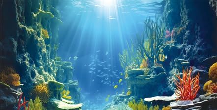 48X20IN Blue Sea Floor Aquarium Background, Natural Underwater World 3D Effect Fish Tank Decorations Background, Art Terrarium Background with 8 EVA Double-Sided Tape