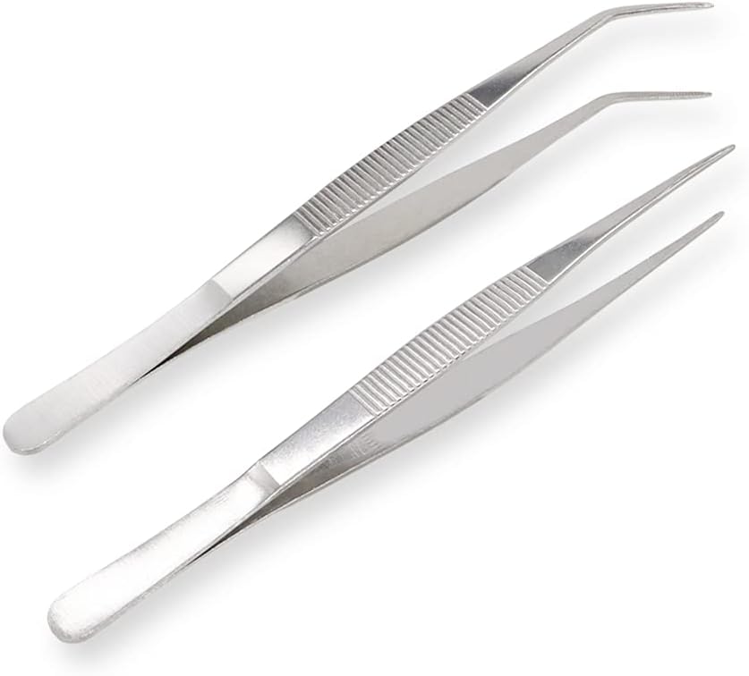 8 Inch Stainless Steel Tweezers with Straight and Curved Serrated Tip Multipurpose Forceps for Craft Repairing 2 Pack