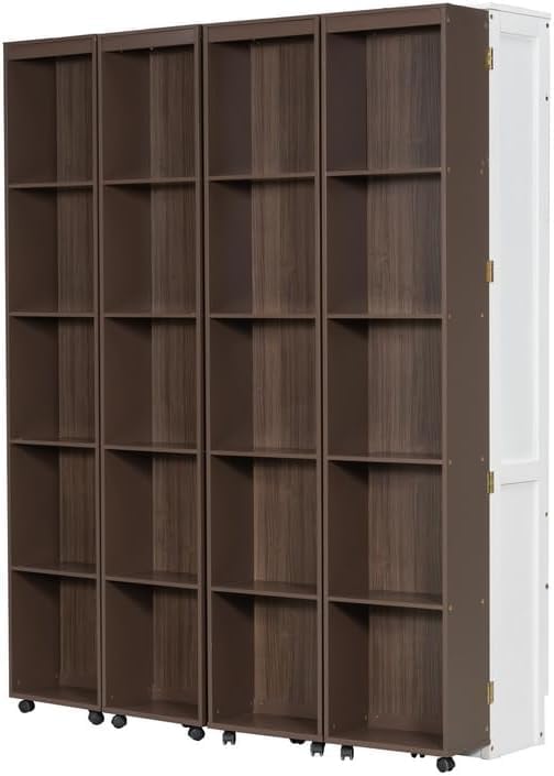 MERITLINE Foldable Hidden Queen Murphy Bed Cabinet with Storage Bookshelf Bookcase, Wood White Murphy Wall Bed with Storage Shelves for Adults (Espresso)