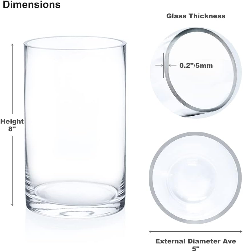 Enova Floral Set of 4 Clear Cylinder Glass Vase, 5W x 8H Inches Round Flowers Vase, Pillar Candle Floating Candle Holders, Floral Glass Vase for Home Office Decor, Wedding Centerpiece