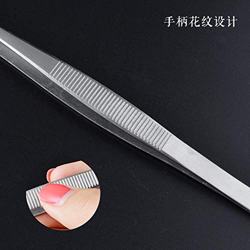 250mm Long Forceps Tweezers, Serrated Bent Flat Tips Precision Curved Science Surgical Tongs Jewelers Needle Metal Sewing Sharp Small Kitchen Cooking Tweezers Teeth Knurled Handles (1PCS)