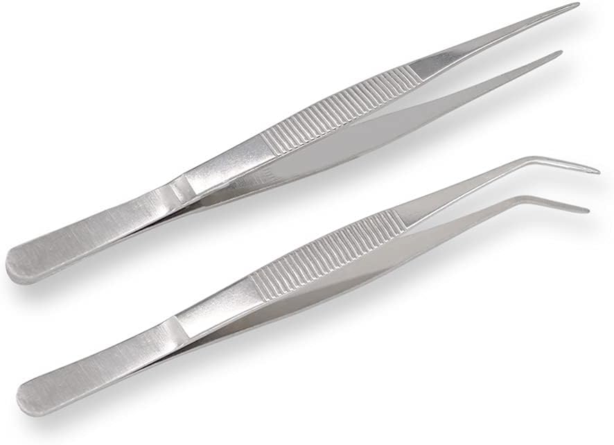 7 Inch Stainless Steel Tweezers with Straight and Curved Serrated Tip Multipurpose Forceps for Craft Repairing 2 Pack