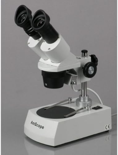 AmScope SE306R-P20 Forward-Mounted Binocular Stereo Microscope, WF20x Eyepieces, 40X and 80X Magnification, 2X and 4X Objectives, Upper and Lower Halogen Lighting, Reversible Black/White Stage Plate, Pillar Stand, 120V