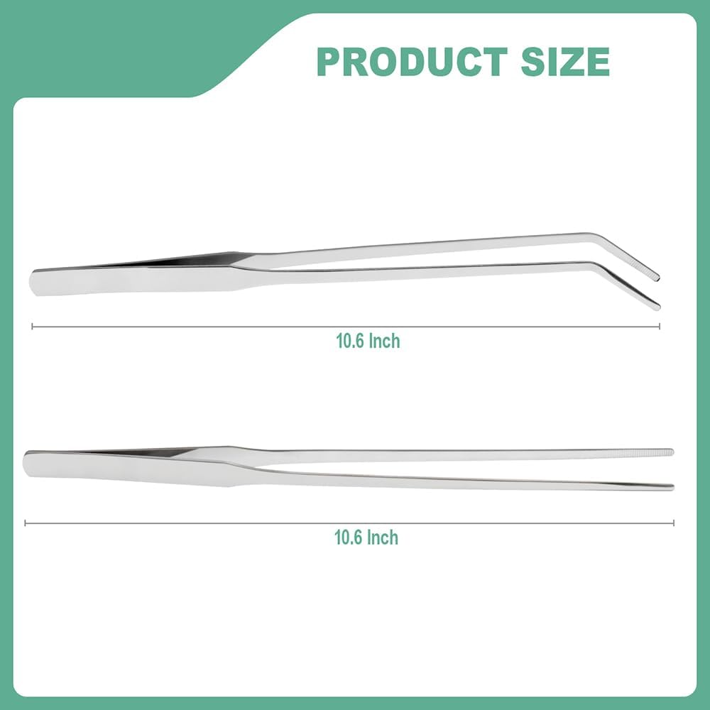 Syn-zer 2PCS Stainless Steel Reptile Feeding Tongs, 10.6 inch Straight and Curved Tweezers for Aquarium, Terrarium & Crafts Bearded Dragon Snake Tank Accessories, Planted Tank Tools Feeder for Lizards