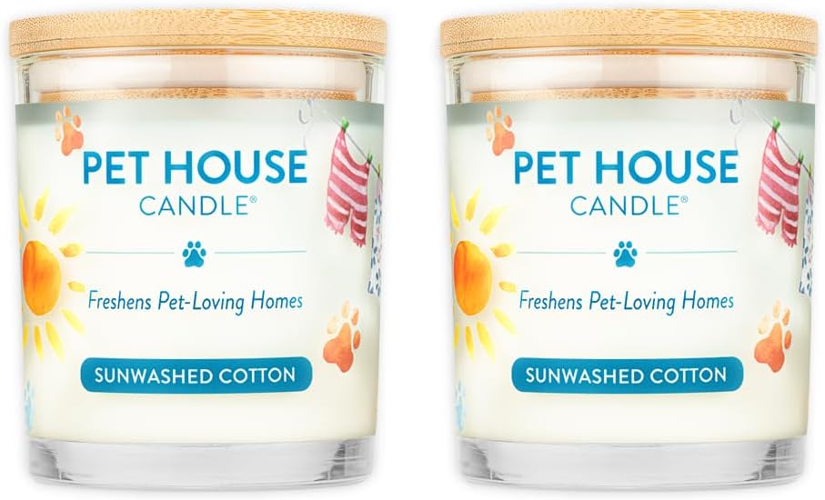 One Fur All Pet House Candle 2 Pack - Plant-Based/Soy - Clean Burning Scented, Long Lasting Pet Odor Candle for Home - Sunwashed Cotton