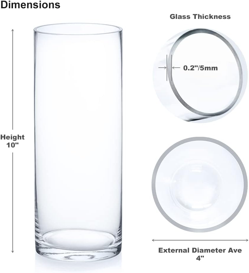 Enova Floral Clear Glass Cylinder Vase 4 x 10 Inches Round Flower Vase, Pillar Candle Floating Candle Holder Vase, Tall Glass Vase for Flowers, Glass Vase for Decor, Wedding Centerpieces (1 Piece)