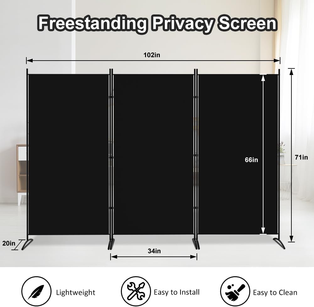 Kokorona 3 Panel Room Divider, 6FT Tall Folding Privacy Screen Wall Dividers, Portable Privacy Screen Freestanding Room Divider for Room Separation, Included - Cover Strips, Black, 102''W x 71''H