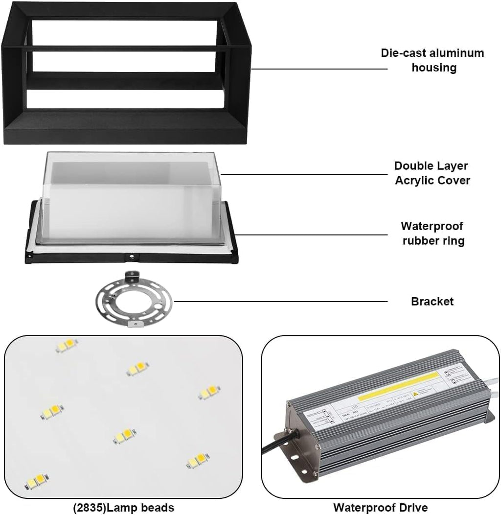 ledmo Outdoor LED Wall Porch Light, 1800LM 6000K Modern Sconce Light Fixture, 18W IP65 Waterproof Anti-Rust Wall Light, Frame Exterior Wall Lights for Patio, Yard, Garage, House, 4 Pack