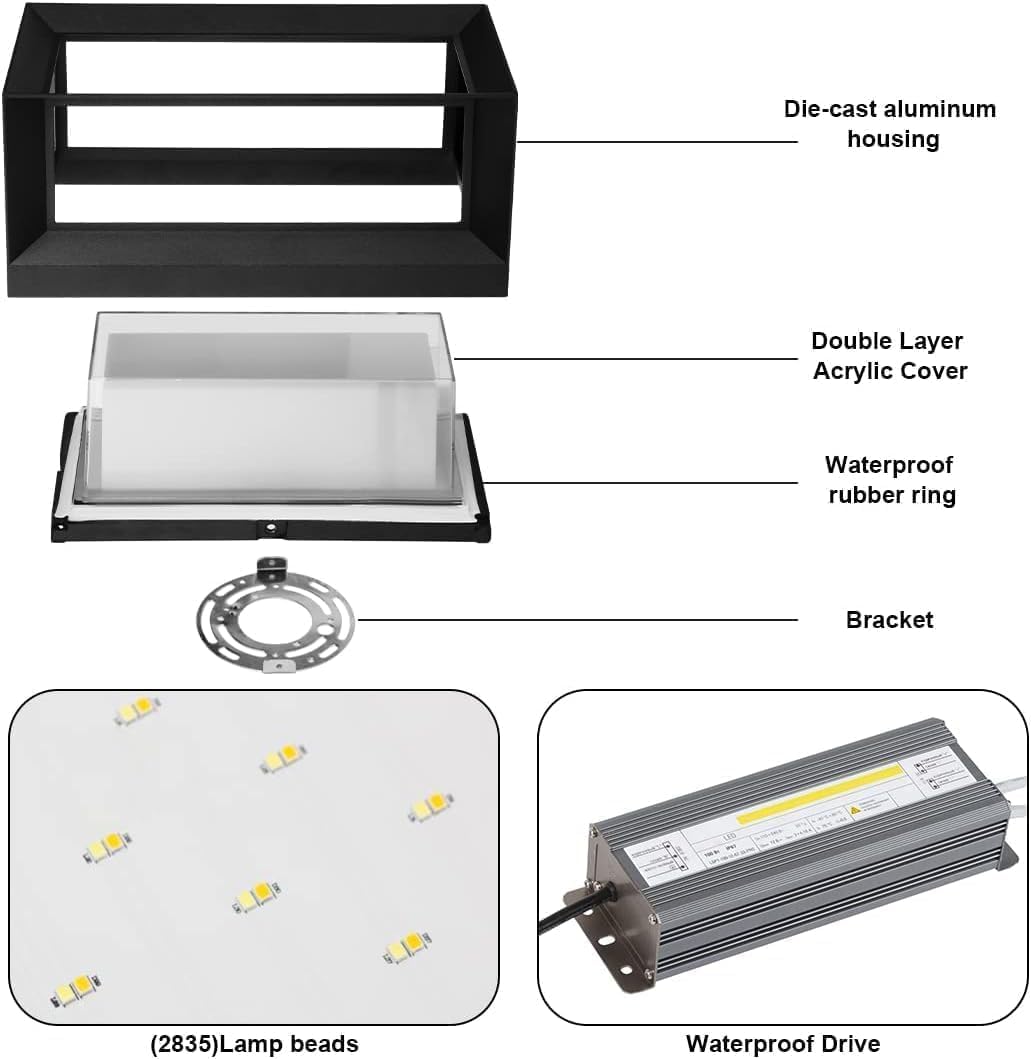 ledmo Outdoor LED Wall Porch Light, 1800LM 6000K Modern Sconce Light Fixture, 18W IP65 Waterproof Anti-Rust Wall Light, Frame Exterior Wall Lights for Patio, Yard, Garage, House, 4 Pack