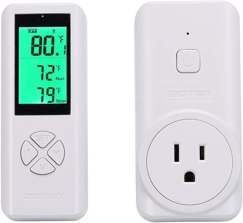 DIGITEN WTC100 Wireless Thermostat Outlet Digital Temperature Controller Plug-in Thermostat Cooling&Heating Remote Control Build-in Temp Sensor Greenhouse Thermostat Reptile Temperature Controller