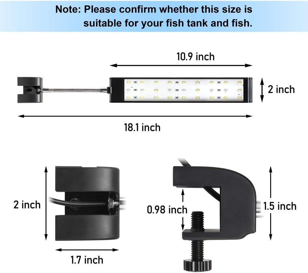 Aquarium Light Small LED Clip Light for Fish Tank 10W, 1 Yr Warranty