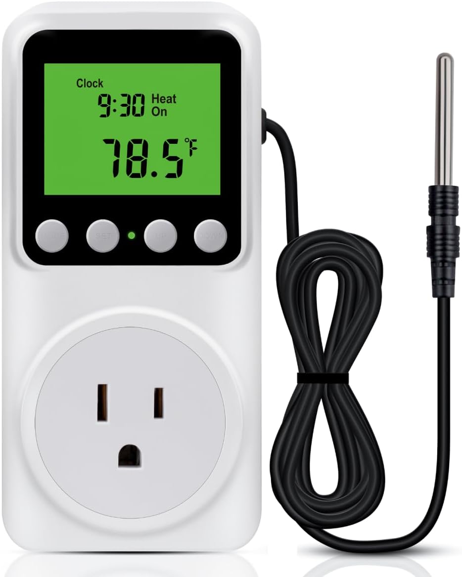 Timer Thermostat, Day-Night Temperature Controller, Clock Function, ℃/℉ Plug-in Outlet Timer Thermostat with LCD Screen Backlight Function 110V 15A