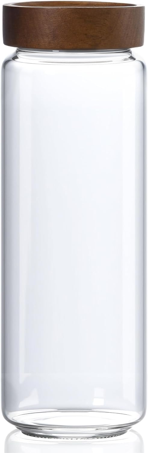40 fl oz/1200 ml Glass Jar with Airtight Wooden Screw Top Lid, Clear Stackable Food Storage Canister, Large Tall Decorative Glass Container for Coffee, Candy, Cookie, Sugar, Oatmeal, Pasta