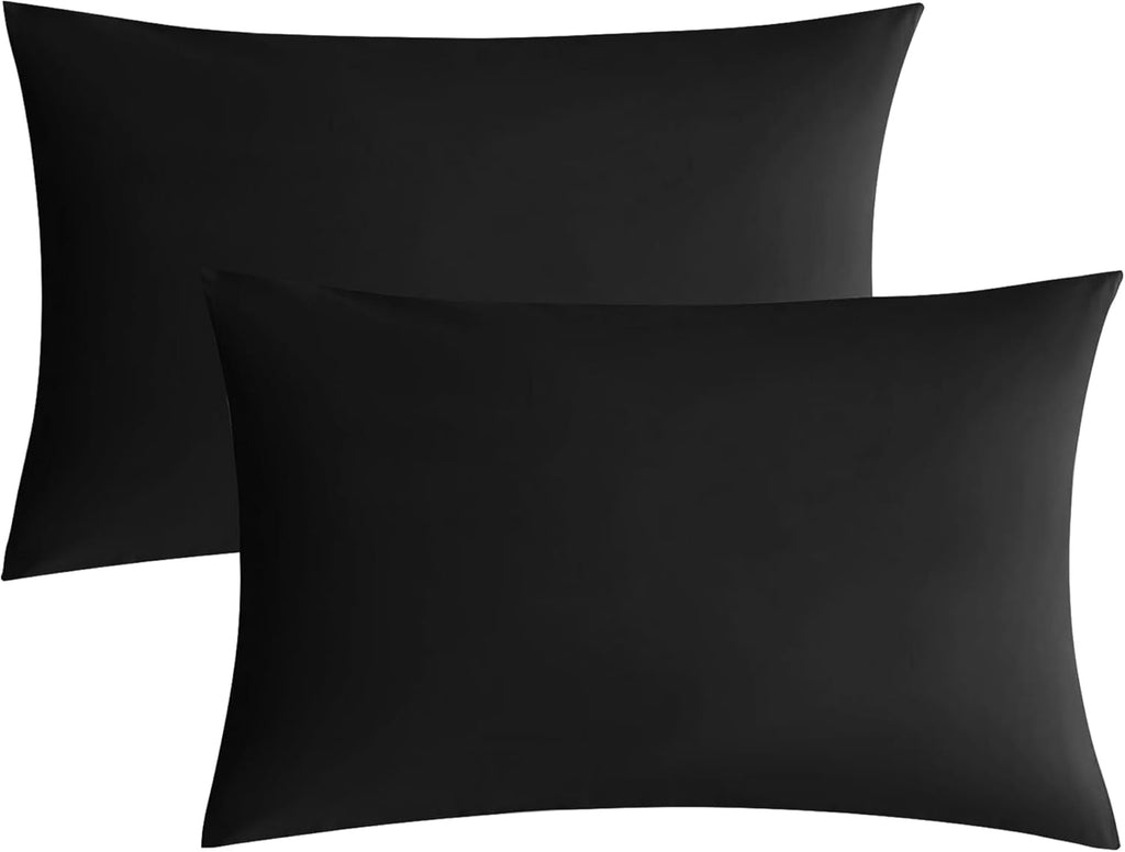 JELLYMONI Pillowcases Standard Set of 2 Cotton Envelope Pillow Covers Pure Black 20×26in Bed Pillow Cases 100% Washed Cotton Soft Breathable (Pillows are not Included)