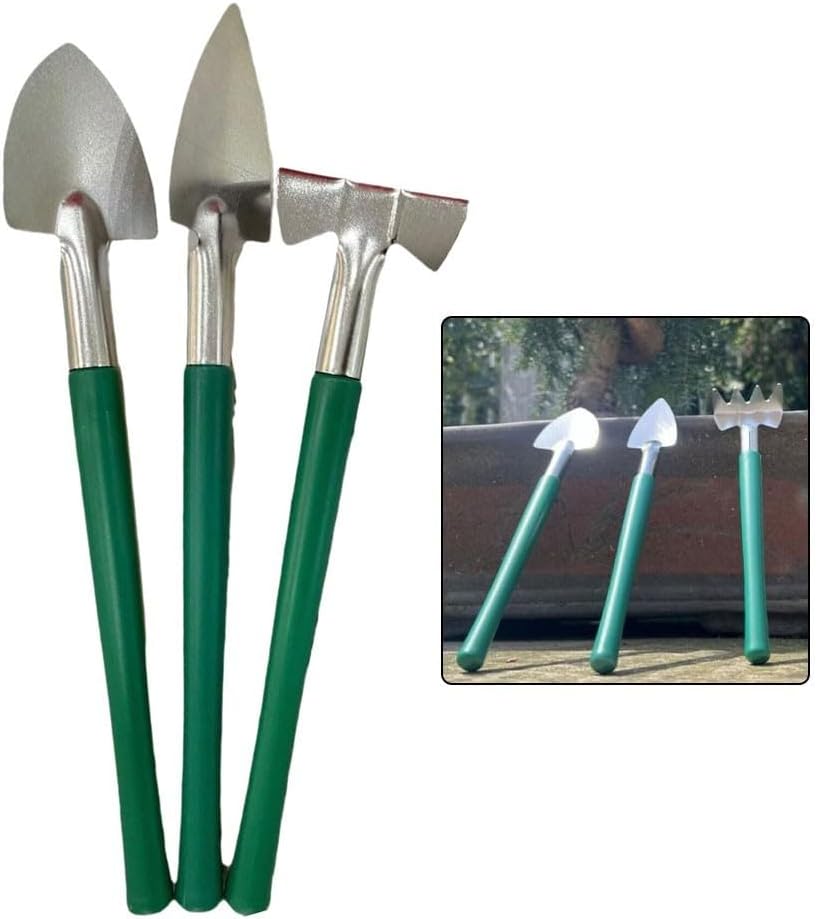 3-Piece Stainless Steel Mini Gardening Tool Kit with Rake, Trowel and Shovel for Succulent Plants, Bonsai, Cacti and Indoor Flower Care in Fairy Gardens or Terrariums for Precise Planting Tasks