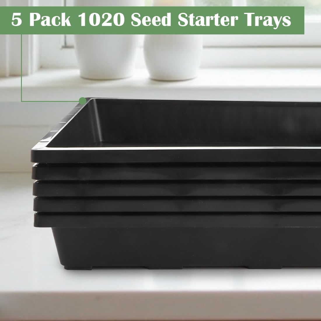 1020 Nursery Pot Trays 5 Pack, Plastic Flat Seed Starter Tray, Reusable Seedling Starting Tray for Holding and Carrying Plant Pots (Black)