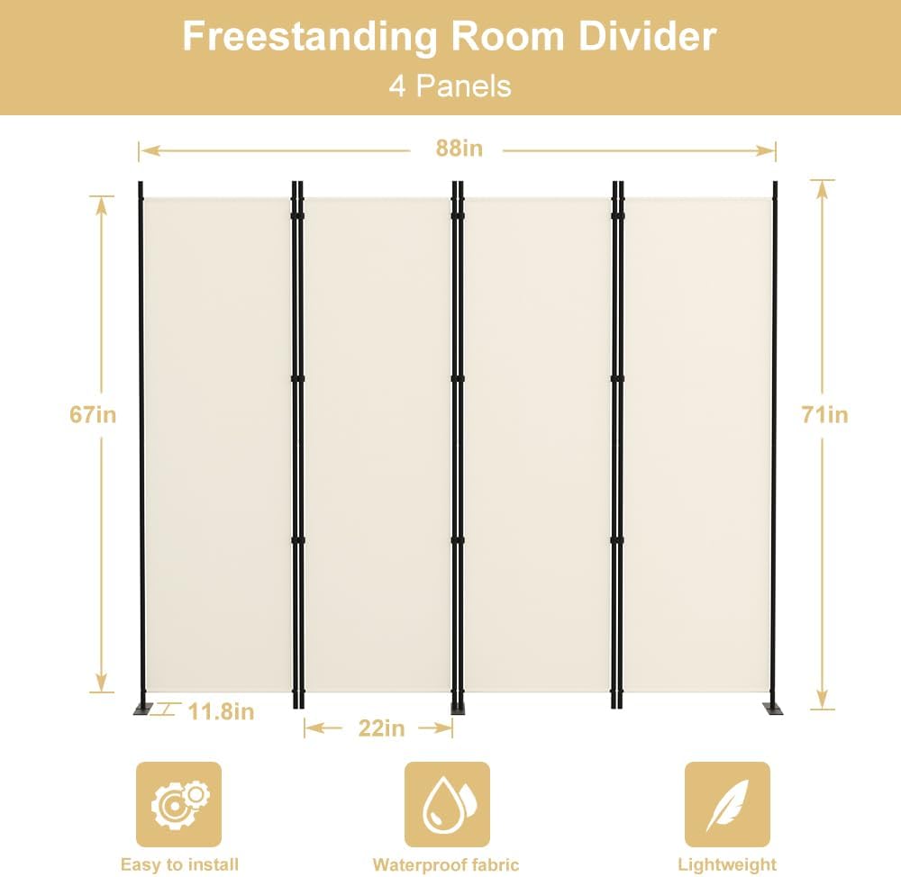 Kokorona 4 Panel Room Divider, 6FT Tall Folding Privacy Screen Wall Dividers, Portable Privacy Screen Freestanding Room Divider for Room Separation, Included - Cover Strips, Beige, 88''W x 71''H