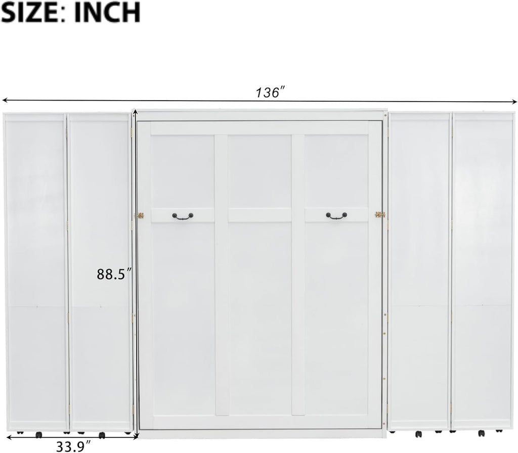 MERITLINE Queen Murphy Bed Cabinet with Storage Bookshelf Bookcase, Wood Hidden Foldable White Murphy Wall Bed with Storage Shelves for Adults