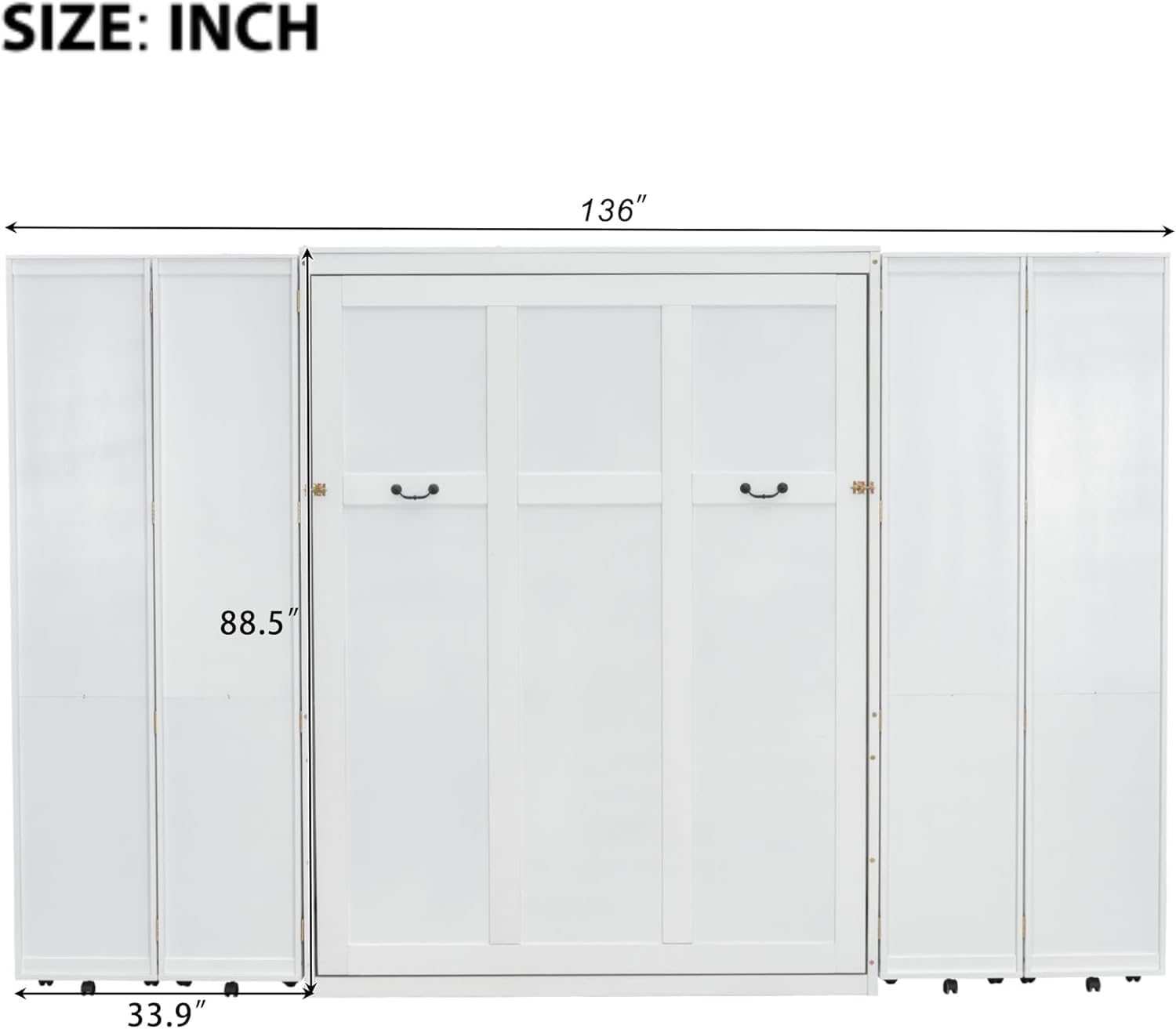 MERITLINE Queen Murphy Bed Cabinet with Storage Bookshelf Bookcase, Wood Hidden Foldable White Murphy Wall Bed with Storage Shelves for Adults