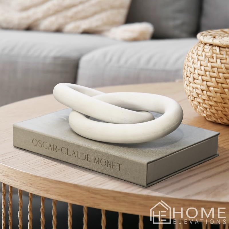 Wood Chain Link Decor – 13” White Wooden Decorative Object for Coffee Table Decor & Neutral Decor for Home – Modern Knot Accent for Shelf Styling, Books, or Housewarming Gifts