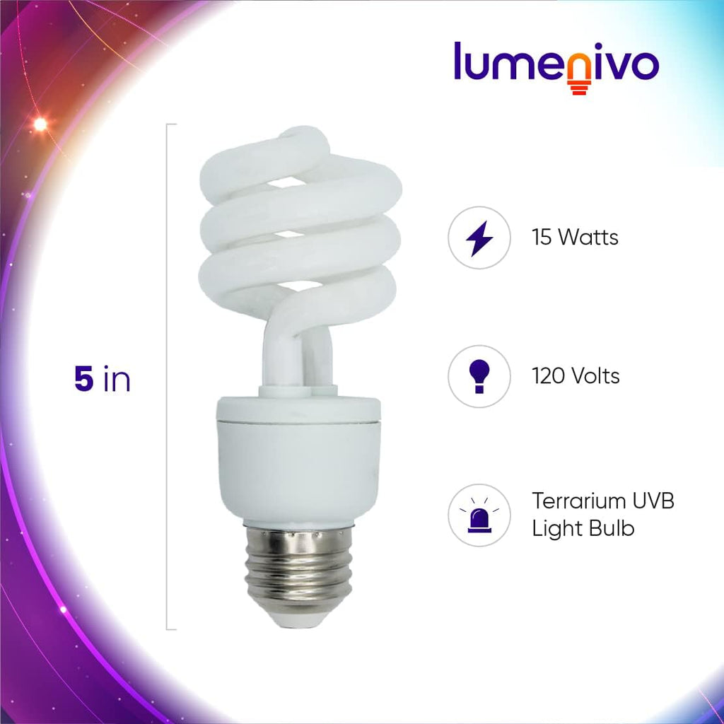 lumenivo UVB Reptile Light 15W 10.0 Desert Terrarium UVB Bulb for Bearded Dragon, Dwarf Monitors, Veiled Chameleons - Simulates UVB from The Sun to Help in Calcium Absorption - 120V - 3 Pack
