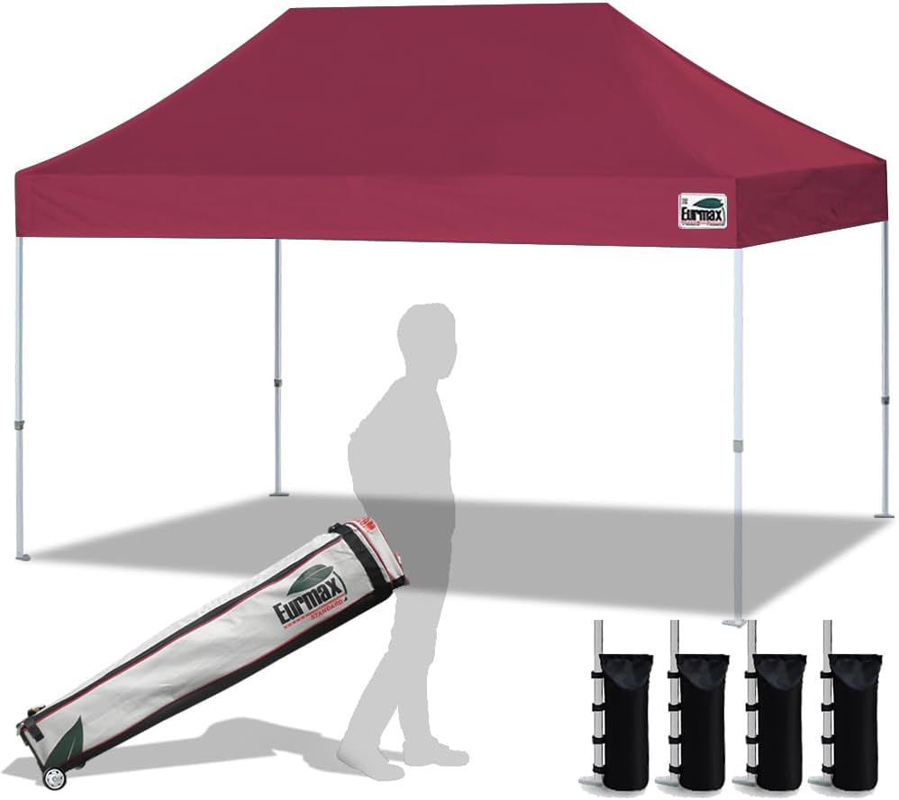 Eurmax USA 10'x15' Pop Up Canopy Tent Commercial Instant Canopies with Heavy Duty Roller Bag,Bonus 4 Sand Weights Bags (Burgundy)