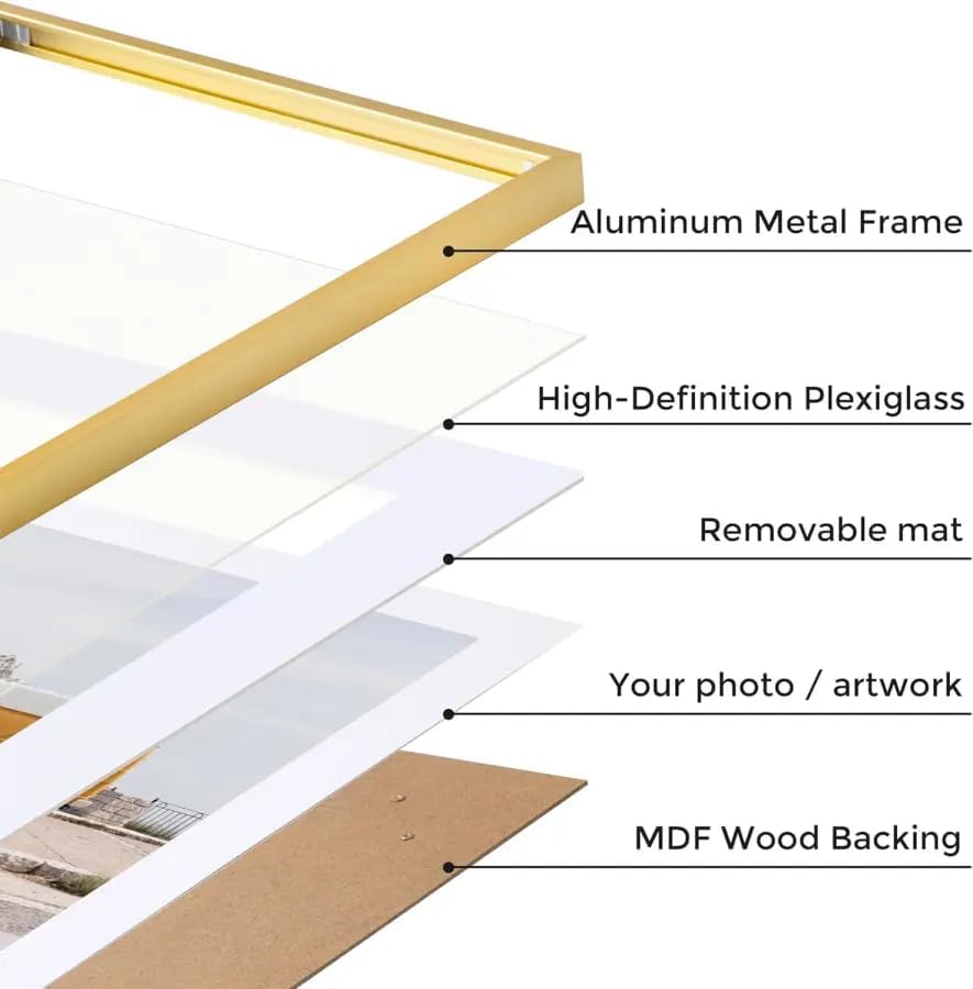 Fun Memories 8x10 Inch Metal Picture Frame - Aluminum Photo Frames - 5x7 Mat - Ideal for Wall or Tabletop Display - Wall Hook Hanging Hardware Included - Set of 3 - Glod