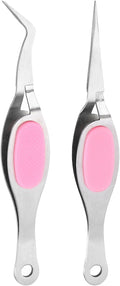 HARFINGTON 2pcs Craft Tweezers Precision Crossing Lock Curved Straight Stainless Steel Soft Reverse Grip Fine Tip Tweezers for DIY Craft Jewelry Beading Electronics, Silver Pink