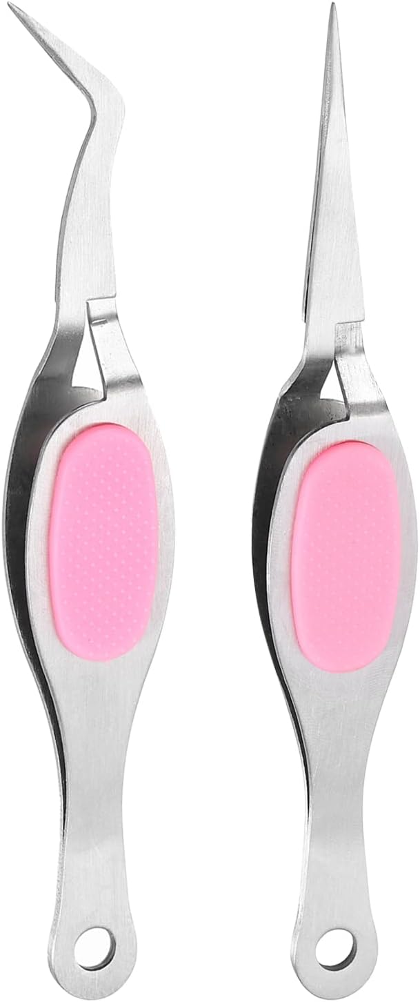 HARFINGTON 2pcs Craft Tweezers Precision Crossing Lock Curved Straight Stainless Steel Soft Reverse Grip Fine Tip Tweezers for DIY Craft Jewelry Beading Electronics, Silver Pink
