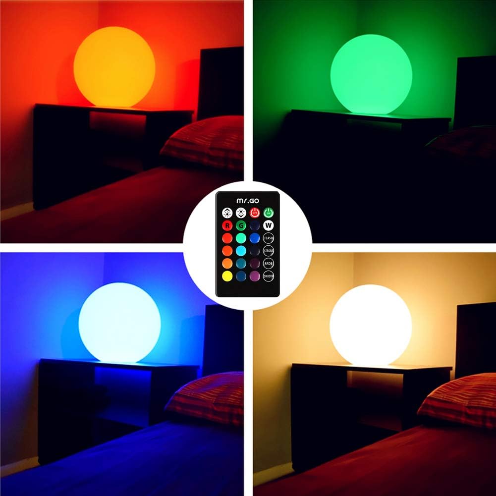 Mr.Go 14-inch LED Ball Light, Cordless Rechargeable Globe Lamp w/Remote, 16 RGB Color Changing Dimmable Mood Lamp, Waterproof Decorative Glow Orb Light for Home Outdoor Garden Patio Pool Party Decor
