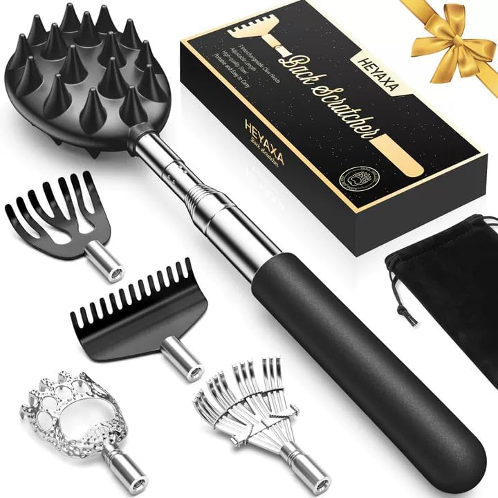Upgraded Reinforced Telescoping Back Scratcher with 5 Detachable Heads, Larger Scratching Tips, Stocking Stuffer & White Elephant Gifts for for Men Women Adults