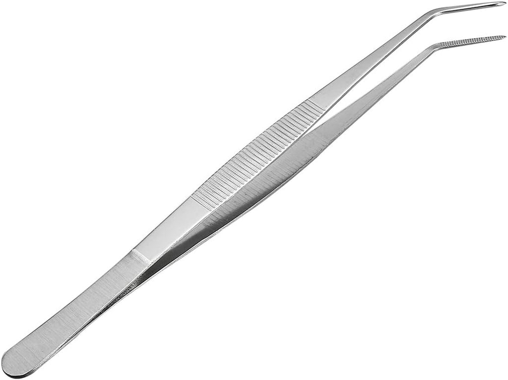 uxcell 10-Inch Stainless Steel Tweezers with Curved Pointed Serrated Tip