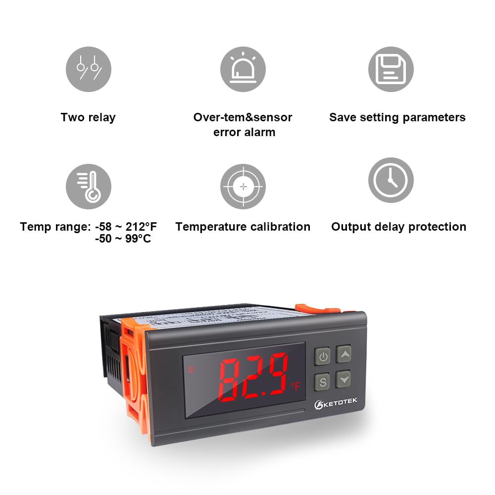 KETOTEK Digital Temperature Controller Fahrenheit &Centigrade Thermostat 120V 16A Relay with Sensor, Heating and Cooling for Homebrew Incubator Greenhouse