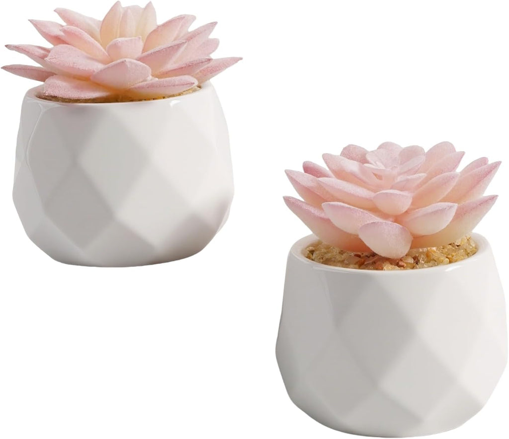 VIVERIE Mini Succulents Plants Artificial in Pots-Rose Pink, Christmas Small Fake Succulents Plants for Home Decor Indoor for Women, White Ceramic Faux Succulents, Set of 2, Gifts for Mom