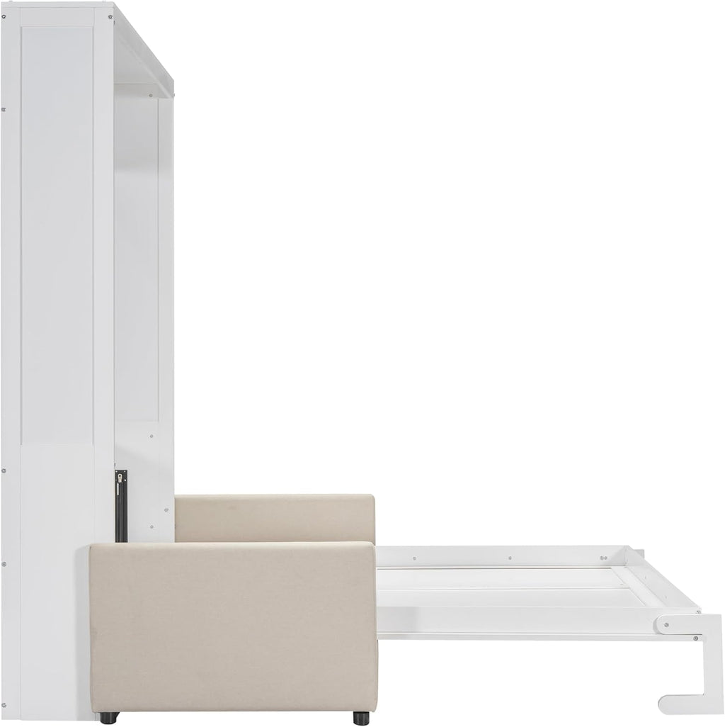 Queen Murphy Bed with Couch,Wood Folding Murphy Wall Bed Cabinet with Sofa,White